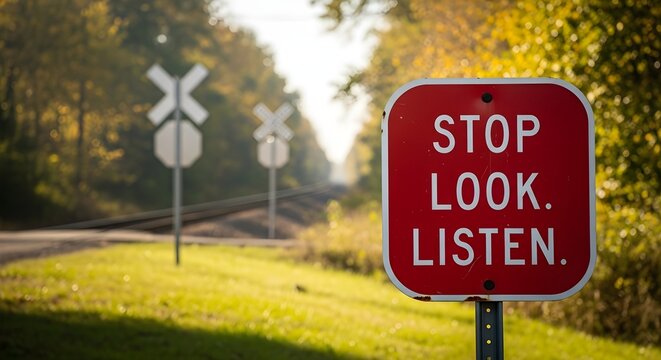 Railway Crossing Safety Stop, Look, Listen - Warning Sign in Autumn Landscape