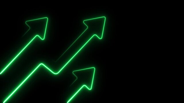 Abstract representation of upward trends with green arrows on black background illustrating growth and success. Arrow growth up concept , Money, profit, investment, growth business, economy, finance