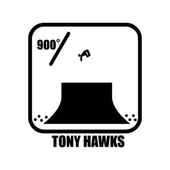 A tony hawk's logo featuring a black ramp, a skater, the number nine hundred, and some small circles
