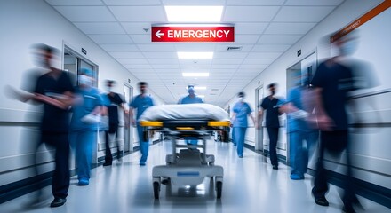 Emergency Room Stretcher Gurney with Blurred Medical Staff in a Hospital Corridor
