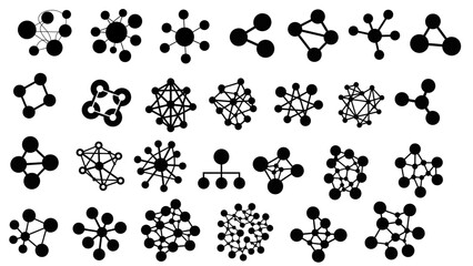 Silhouette Icon Set – Network Node Clusters Vector Symbols for Data Connections, Cyber Technology, and Digital System Mapping