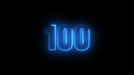 Abstract glowing neon text 100 number countdown icon. Glowing sign on black background Neon number 10090 with alpha channel, simple blue neon color. Seamless loop style animation - Powered by Adobe
