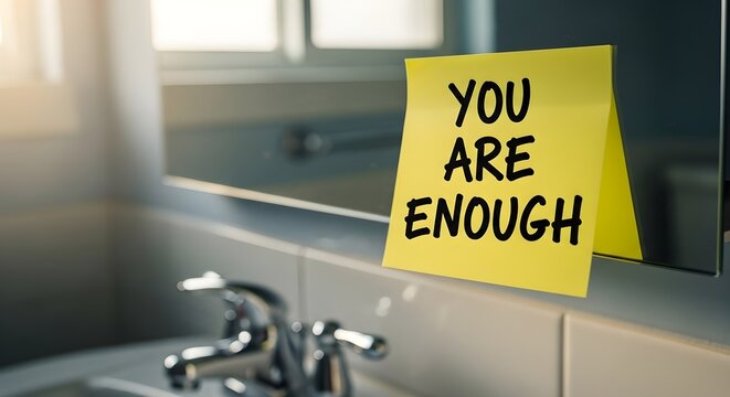 You Are Enough" Note on Mirror Self-Love Reminder in Bathroom Setting