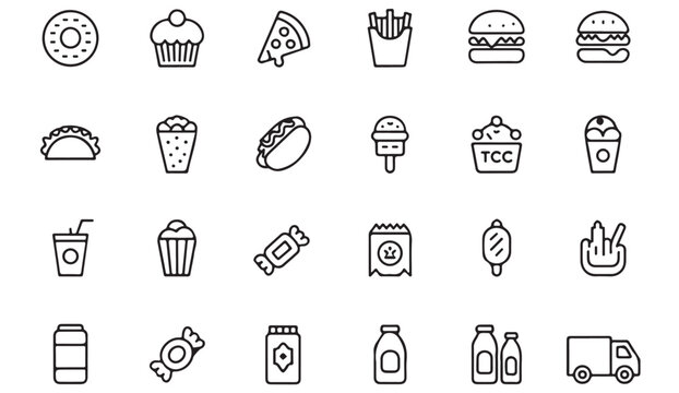 Street food vector icons — black and white minimalist illustrations of popular snacks and beverages for creative projects - Powered by Adobe