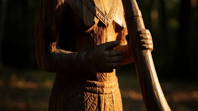 Intricate Wooden Sculpture of a Man Playing a Didgeridoo in Golden Sunlight.