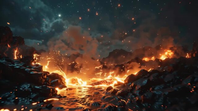 Volcanic Landscape Lava Flow, Eruption, Night Sky, Fantasy Scene