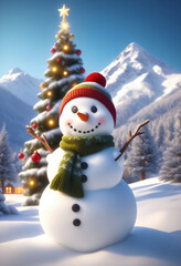 A snowman wearing a scarf and knit hat. Snowy landscape background, Christmas tree.マフラーとニット帽をつけた雪だるま。雪景色の背景、クリスマスツリー