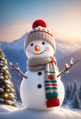 A snowman wearing a scarf and knit hat. Snowy landscape background, Christmas tree.マフラーとニット帽をつけた雪だるま。雪景色の背景、クリスマスツリー