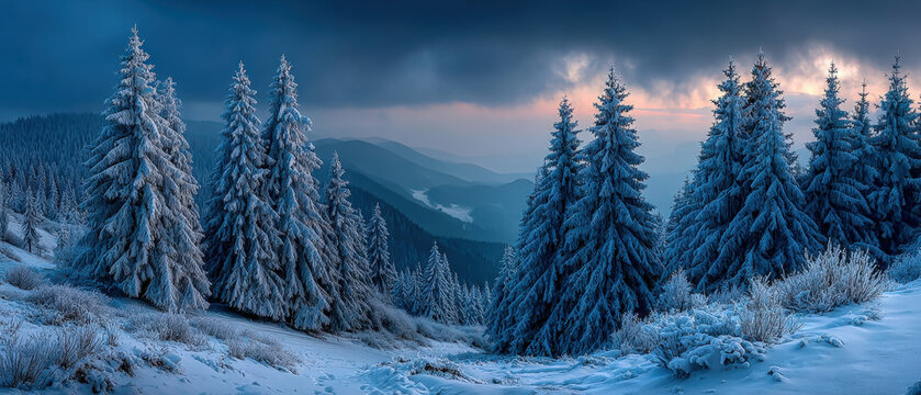 Vibrant aurora lights glow over snowy forest with tall fir trees under a calm night sky