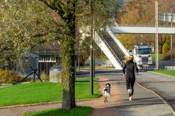 Rear View of Woman Jogging with Dog Outdoors, Active Lifestyle and Pet Exercise Concept in Urban...