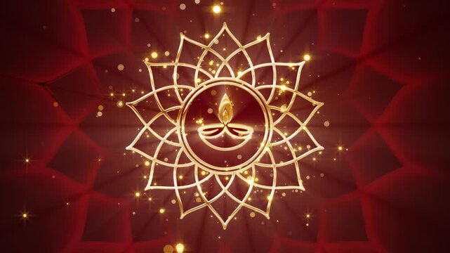 Artistic golden outline of a traditional diya lamp and lotus petals with sparkling lights radiates festive warmth and spirituality for Diwali, New Year or celebration visuals