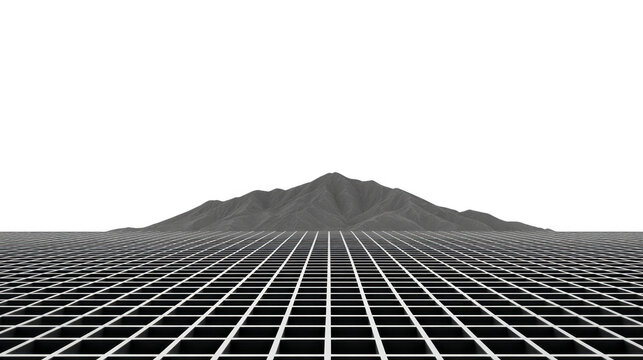 Futuristic grid landscape with digital mountain, transparency background, and geometric lines, evoking retro, sci fi, and virtual reality atmosphere, perfect for technology or gaming concepts