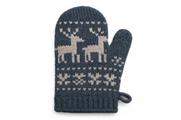 Knitted wool mitten showing reindeer and snowflake pattern, winter clothing for cold weather, transparent background