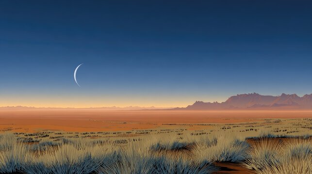 Desert landscape with moon and mountain range under a clear blue sky - Powered by Adobe
