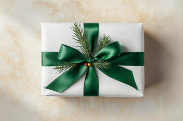 A beautifully wrapped gift sits on a soft beige surface. The white paper is adorned with a dark green ribbon and a decorative pine sprig, creating a festive look. Ideal for special occasions.