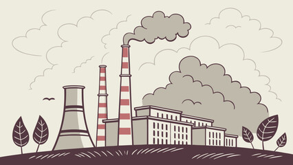 Obraz premium Illustration of a factory with smokestacks, buildings, clouds, and trees in a vintage style
