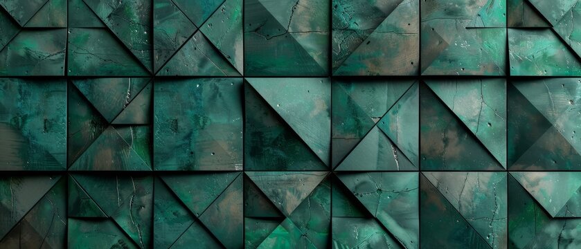 A captivating textured surface showcasing geometric tessellation, triangles, and square shapes, rendered in rich, patinated teal colors, resulting in a unique design