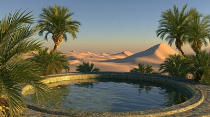 Obraz premium Desert oasis scene with palm trees and water pool under clear sky