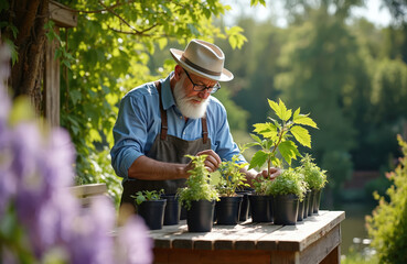 Senior man with white beard, hat carefully tends to small potted plants on wooden table outdoors. Wears apron, glasses, enjoying gardening hobby on sunny warm day in beautiful home garden, surrounded