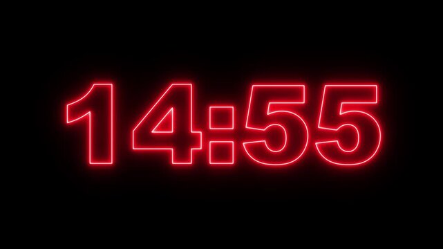 glowing neon 15 minute Countdown. neon 15 to 14 minute Countdown timer on black background. neon Countdown timer from 15 minute to 14 minute suitable for presentations, educational.