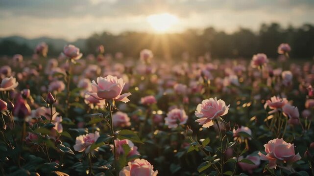 Pink Rose Field at Sunset Floral Landscape, Romantic, Serene