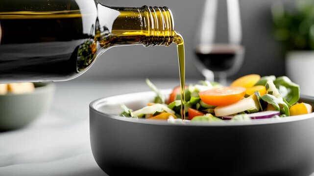 Golden seed oil pouring from a bottle into a bowl of fresh vegetable salad, highlighting healthy cooking and seed oil use.