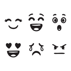Funny set of cartoon face vector icons with mustache and happy smile expression