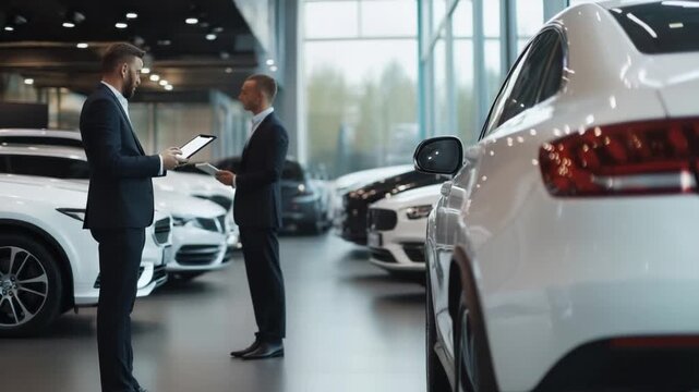 Car Dealership Consultation: Two formally dressed men engage in a detailed consultation amidst an array of sleek, modern automobiles in a showroom, representing the art of car buying.