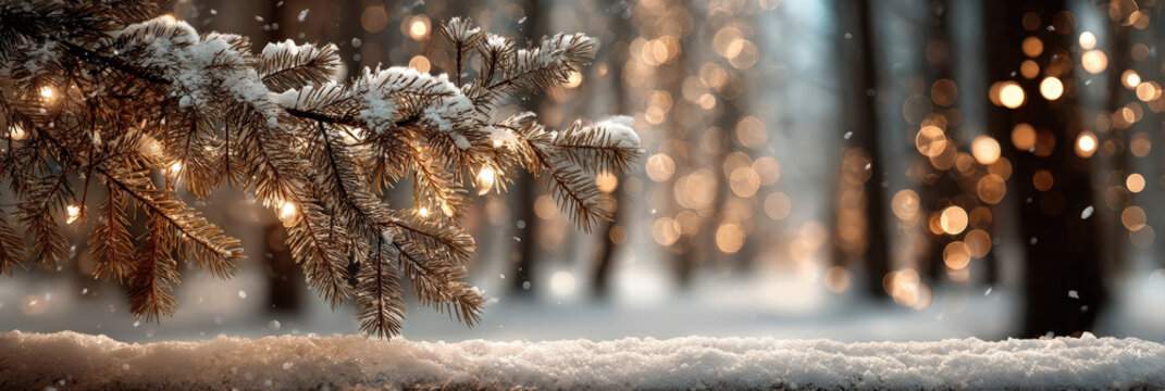 Pine branch with snow and warm fairy lights on beige background with space for text