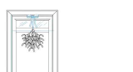 Obraz premium Mistletoe hanging above doorway with decorative ribbon for Christmas line art 
