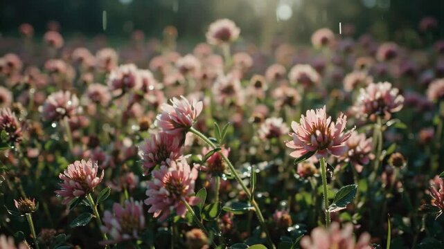 Clover Field Pink Flowers, Summer Meadow, Nature Landscape
