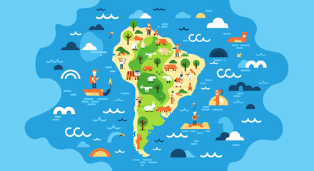 Naklejka premium A colorful and whimsical illustration of the continent of South America, showcasing its diverse geography, wildlife, and cultural elements.