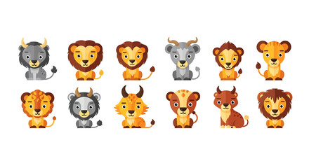A collection of cute cartoon wild animals, including lions, bulls, and goats, presented in a playful and colorful illustration style.