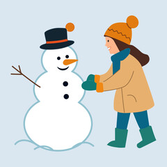  A cheerful girl and a snowman in a beautiful hat