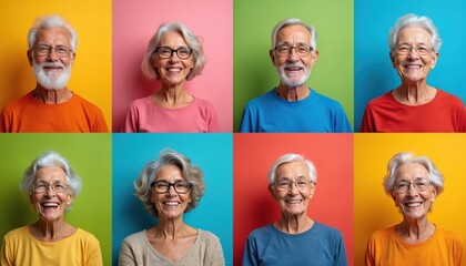 Collage of diverse senior portraits features happy elderly men, women. Smile warmly, looking positive, content. Aged people on vibrant colorful backgrounds show joyful retirement lifestyle, great