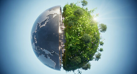 minimalist 3D Earth half-covered with growing plants — nature restoring balance