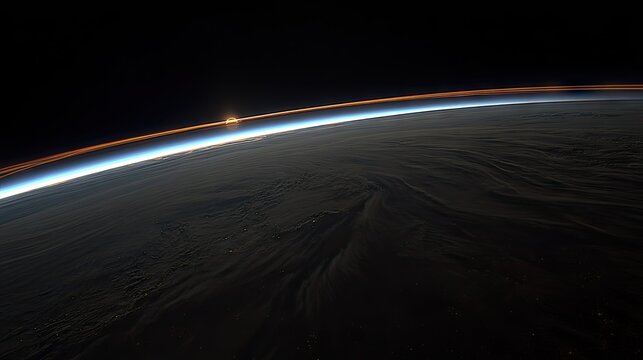 Earths curvature at dawn showing atmospheric layers and sunlight