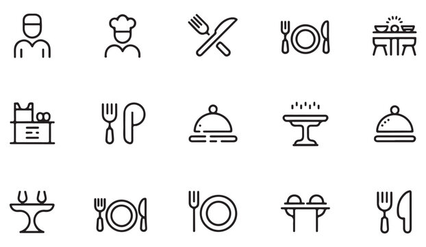 Minimalist restaurant and kitchen icon pack — chef, utensils, dining table, and cloche line art illustrations for menus and design templates