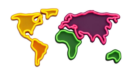 Neon world map illustration with glowing colorful outlines of continents, modern abstract style, vibrant colors, isolated on transparent background, creative and playful design
