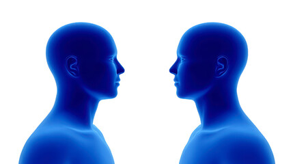 Fototapeta premium Two blue translucent human figures face each other, highlighting symmetry and communication, with futuristic and minimalistic style on transparent background
