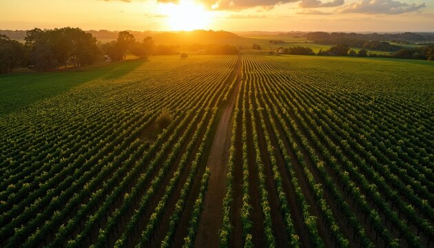 Aerial view of vast green vineyard at golden hour sunset. Long parallel rows of grapevines stretch to distant horizon, creating appealing pattern. Dirt road passes through expansive field. Golden sun