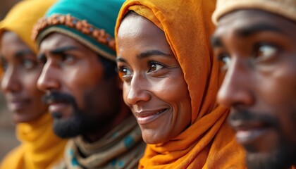 Smiling young woman in orange headscarf stands among diverse individuals. Men, women from various cultures, religions gather closely. Wear different traditional clothes, representing global unity,