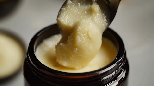 A close-up of a spoonful of beef tallow moisturizer taken from a dark glass jar. The creamy texture is visible, showcasing its smooth consistency.