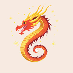 Illustration of a vibrant red and gold dragon with a curled tail, surrounded by sparkling stars on a light background.
