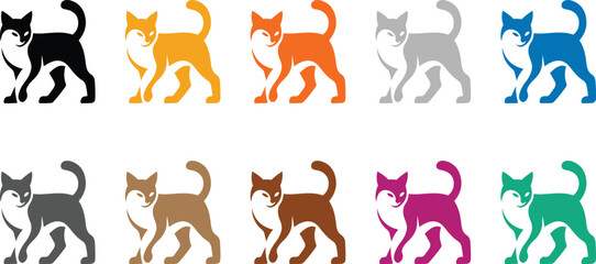 Fototapeta premium Colorful cat icons collection on white background, Stylized feline silhouettes in multiple colors