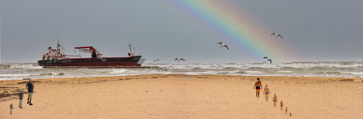 DREAM N°122 – Rainbow Beyond the Storm. Surreal and conceptual artwork depicting a cargo ship at sea under a gray sky, a bright rainbow emerging on the horizon, and figures walking on the beach.