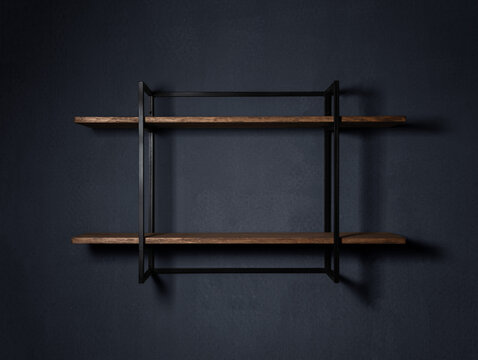 Modern wall shelf made of wood and metal on a dark background, made in loft and garage style