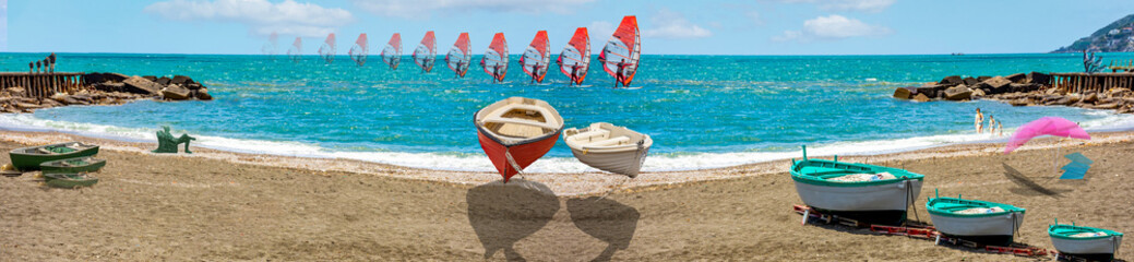 DREAM N°124 – Boats That Dream of Flying. Surreal and conceptual artwork depicting small boats floating above the beach as red sailboards glide across the turquoise sea.