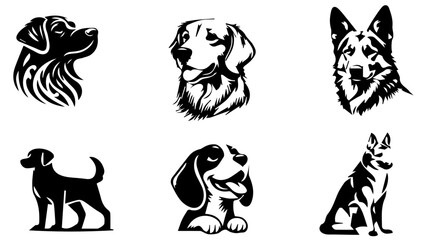 Elegant Canine Collection: A set of six unique dog illustrations, showcasing various breeds in a clean, artistic, black and white style. Perfect for graphic design projects.