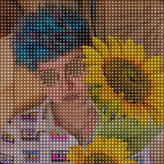 DREAM N°125 – Sunflower Mind. Surreal and conceptual artwork featuring a person with blue hair and round glasses behind a digital grid, next to a bright sunflower.